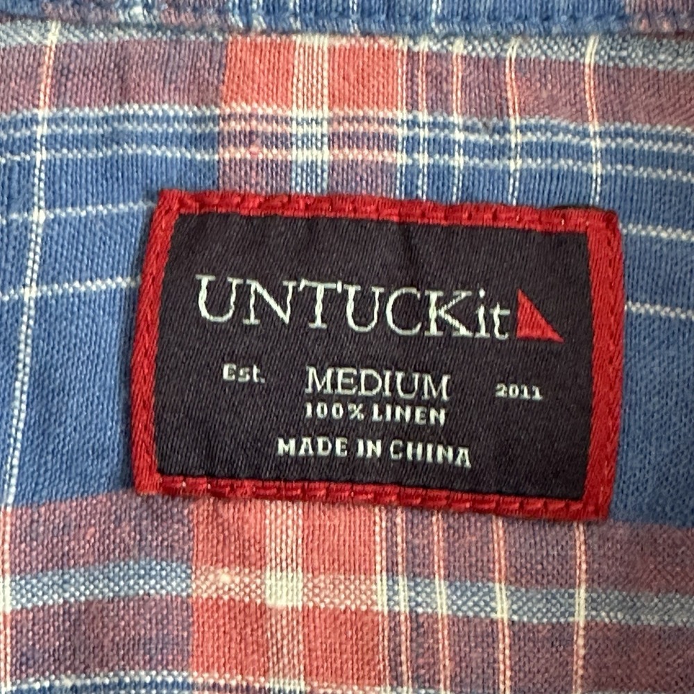 UNTUCKit 100% Linen Short Sleeve Preppy Casual Men's‎ Shirt Blue Pink Plaid Med - Picture 5 of 10